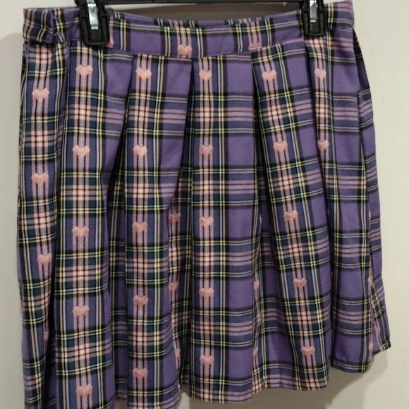 Hot Topic Purple & Pink Pastel Plaid Embroidered Heart Mini Skirt Sz XL-Harajuku - Picture 3 of 5